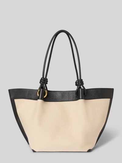 Produktfoto, Shopper mit Label-Detail Modell 'FINN CANVAS' von Coccinelle in Beige und Schwarz, Strukturmix aus Canvas und Leder, sichtbare lange Tragegriffe, goldene Metallelemente, Hauptfach mit Druckknopfverschluss, Reißverschlussfach innen, Maße 60x34x17 cm, Schulterriemenlänge 74 cm.