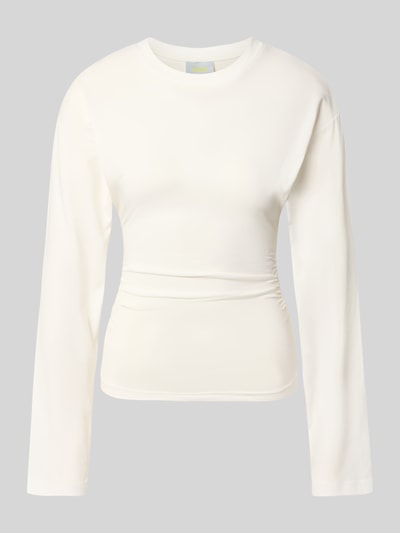 Produktfoto, Longsleeve aus Baumwoll-Mix Modell 'Paloma' von JJXX in Offwhite, taillierte Passform, glatte Textur, Rundhalsausschnitt, Damen Longsleeve, Rückenlänge Größe S 57 cm