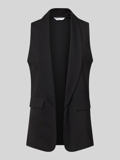 Produktfoto, czarna kamizelka z mieszanki wiskozy z dodatkiem streczu, szalowy kołnierz, kieszenie z patką, Model 'Am44br' od ZABAIONE, krój straight fit, długość tyłu w rozmiarze S: 70 cm, szerokość ramion w rozmiarze S: 33 cm, szerokość w rozmiarze S: 48 cm