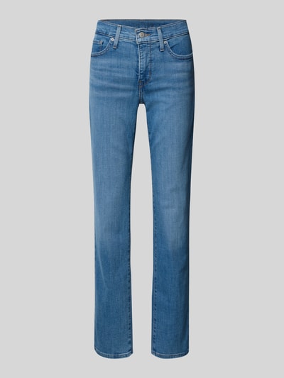 Produktfoto, niebieskie Straight Fit Jeans mit Label-Patch Modell '314™ SHAPING STRAIGHT' von Levi's®, elastyczna bawełna z domieszką wiskozy, 5 kieszeni, zapięcie na guzik i zamek błyskawiczny, efekt modelujący, delikatna faktura materiału.