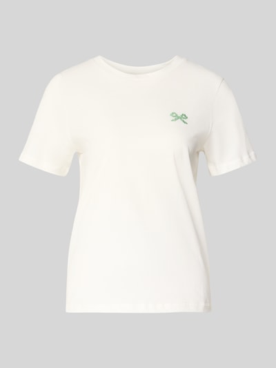 Produktfoto, T-Shirt mit floralem Stitching Modell 'Aminna' von ICHI, Weiß, Reine Baumwolle, Taillierte Passform, Rückenlänge 58 cm Größe S