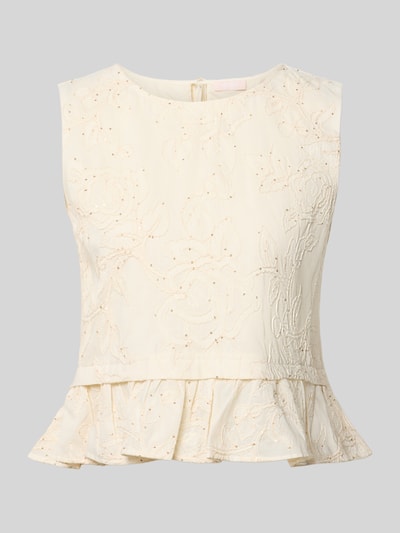 Produktfoto, Blusentop aus Baumwolle mit Stitchings von Liu Jo White in Creme, Reine Baumwolle, Regular-Fit, Rundhalsausschnitt, Rückenlänge 41 cm bei Größe 36, feine Stickdetails, strukturierte Textur.