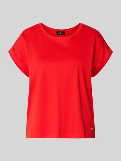 Produktfoto, Relaxed Fit T-Shirt mit Logo-Applikation Modell 'Pima' von monari, damski t-shirt, aplikacja z logo, krój relaxed fit, okrągły dekolt, długość tyłu w rozmiarze 36: 50 cm, intensywnie czerwony kolor, gładka faktura