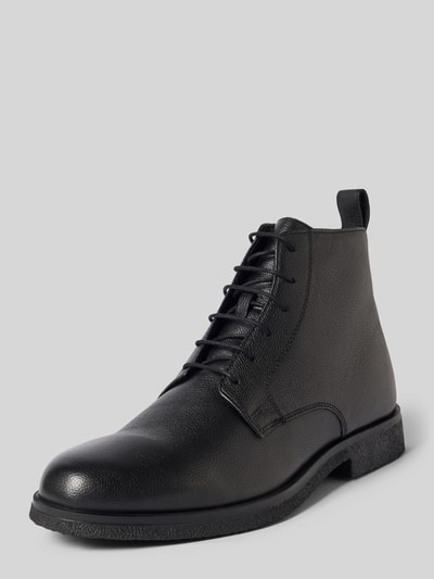 Productfoto, zwarte afgeronde boots met vetersluiting en ritssluiting, structuurzool, model 'SAHARO' van Geox, hakhoogte maat 44: 3 cm, schachthoogte maat 44: 13 cm, schachtbreedte maat 44: 8 cm