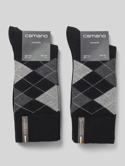 Produktfoto, Socken aus Baumwoll-Mix mit Logo-Stitching im 4er-Pack von camano, klassische Argyle-Muster in Schwarz und Grau, elastischer Bund, Herren Socken.