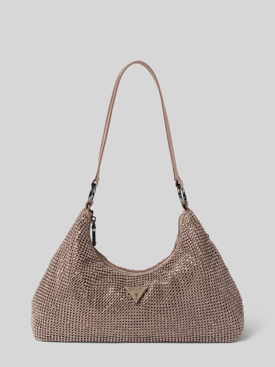 Produktfoto, Shoulder Bag mit Strassstein-Besatz von GUESS, braune Töne, dreieckiges Logo, strukturierte Oberfläche, Damen Schulterriemen, Hauptfach mit Reißverschluss, Maße: 20x16x8 cm, Riemenlänge 42 cm