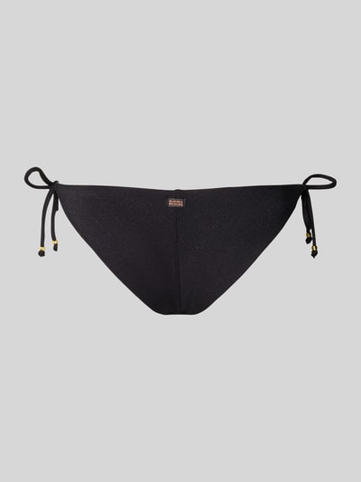 Produktfoto, Bikini-Slip mit seitlicher Schnürung von Banana Moon, schimmerndes schwarzes Material, körpernahe Passform, Stretch-Anteil.