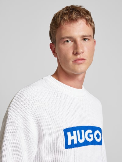 Hugo Blue Strickpullover mit Logo-Stitching Modell 'Seylo' Weiss 3