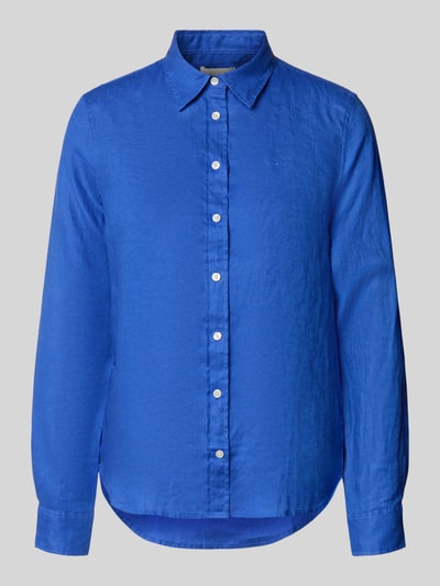 Produktfoto, Regular Fit Leinenbluse mit Label-Stitching van Gant, dames linnen blouse met overhemdkraag, knoopsluiting, helderblauw, textuur van linnen, context: ruglengte maat 36 66 cm, mouwlengte maat 36 60 cm.