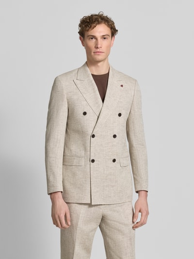 Männermodel trägt Anzug aus Viskose-Mix mit zweireihigem Sakko von Roy Robson in Beige mit Pattentaschen, Regular-Fit, Nahaufnahme Oberkörper.