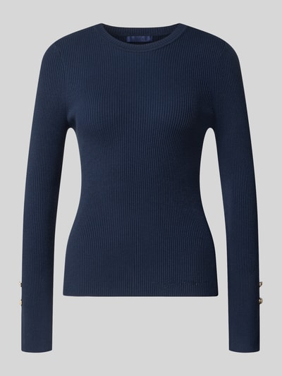 Produktfoto, dunkelblauer Damen Longsleeve aus Viskose-Mix, Slim-Fit, Modell 'Ellie' von GUESS mit Strasssteinbesatz und Logo-Detail