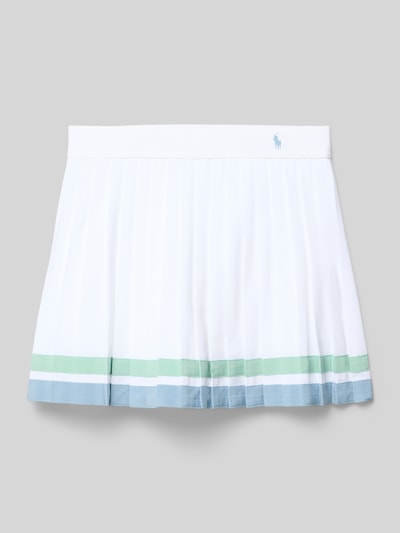 Produktfoto, Regular Fit Plissee-Rock mit Untershorts von Polo Ralph Lauren Teens in Weiß mit grünen und blauen Kontraststreifen, Popeline-Struktur, elastischer Bund, unifarbenes Design, Logo-Detail links