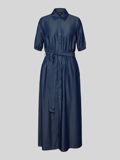 Produktfoto, Tailliertes Freizeitkleid aus reinem Lyocell von s.Oliver BLACK LABEL in dunkelblauer Denim-Optik, Midi-Länge, V-Ausschnitt, Knopfleiste und Bindegürtel, Twillstruktur, reine Viskose