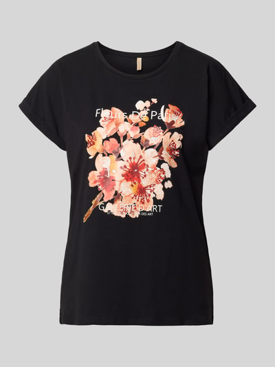 Produktfoto, Damen T-Shirt mit Motiv-Print Modell 'RINA' von Soyaconcept, schwarze Farbe, Baumwoll-Elasthan-Mix, Regular-Fit, Rundhalsausschnitt, Ärmel mit Aufschlag, florales Motiv, Rückenlänge bei Größe S 61 cm