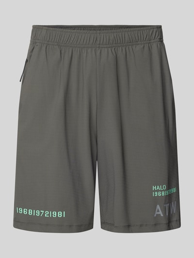 Produktfoto, Shorts mit elastischem Bund Modell 'HALO AIR' von HALO, Herren Regular Fit, grauer Material-Mix mit Stretch, dezente Struktur, grüne Schrift, Vorderansicht