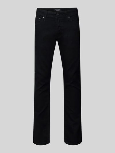 Produktfoto, schwarze Stoffhose mit Gesäßtaschen Modell 'GLENN' von Jack & Jones, Baumwoll-Mix mit Stretch, gerader Schnitt, dezente Textur