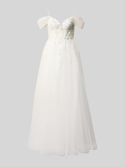 Produktfoto, białe Brautkleid mit floralem Stitching von Unique, siateczka, krój taliowany, cekiny, cienkie ramiączka, długość tyłu 137 cm w rozmiarze 36, szerokość w rozmiarze 36: 32 cm