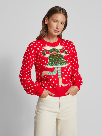 Vero Moda Regular Fit Weihnachtspullover mit Pailletten-Motiv Modell 'SPARKLE ELFIE' Rot 4