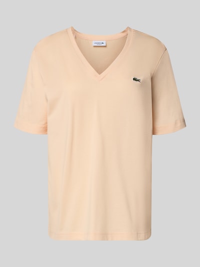 Produktfoto, Relaxed Fit T-Shirt aus reiner Baumwolle von Lacoste in Beige mit V-Ausschnitt, unifarben, Logo-Stitching, glatte Oberfläche