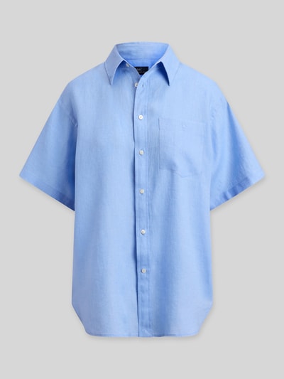 Produktfoto, Oversized Hemdbluse aus reinem Leinen von Polo Ralph Lauren, niebieska, jednokolorowa, krótki rękaw, kieszeń na piersi, logo, tkanina lniana