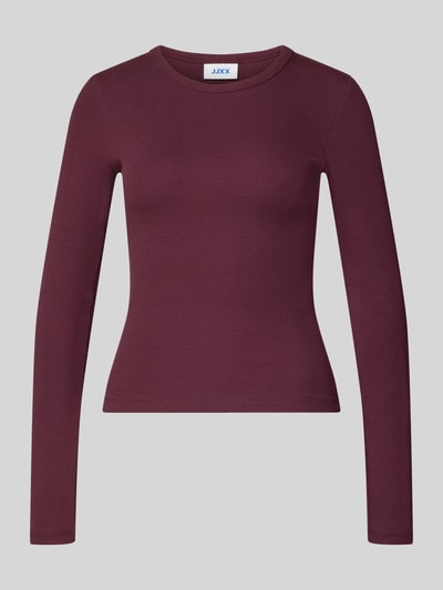 Produktfoto, Longsleeve in Ripp-Optik Modell 'FREYA' von JJXX aus Baumwoll-Elasthan-Mix in Bordeaux, Skinny Fit, Rundhalsausschnitt