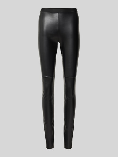 Produktfoto, Leggings in Leder-Optik von Marc Cain, Figurbetont, Elastischer Bund, Teilungsnähte, Schwarz, glatte Textur, Größe 36, Innenbeinlänge 83 cm