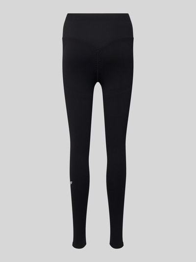 Produktfoto, Leggings mit elastischem Bund und Label-Detail von Fabletics, schwarzer Material-Mix mit Stretch-Anteil, körpernahe Passform