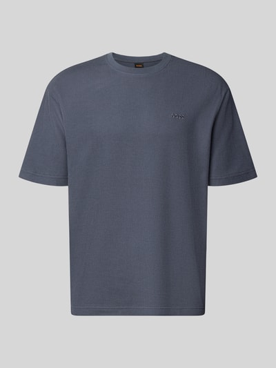 Produktfoto, Regular Fit T-Shirt aus reiner Baumwolle Modell 'Te_Rib' von BOSS für Herren in Dunkelblau mit feiner Rippenstruktur, BOSS Orange.
