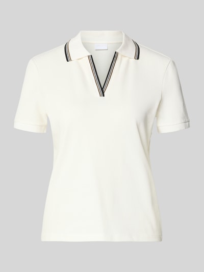 Produktfoto, Regular Fit Poloshirt mit V-Ausschnitt und Kontraststreifen von Jake*s Collection, czysta bawełna, krój regular fit, dekolt w serek, kontrastowe paski, długość tyłu w rozmiarze S: 55 cm, kolor ecru, gładka faktura