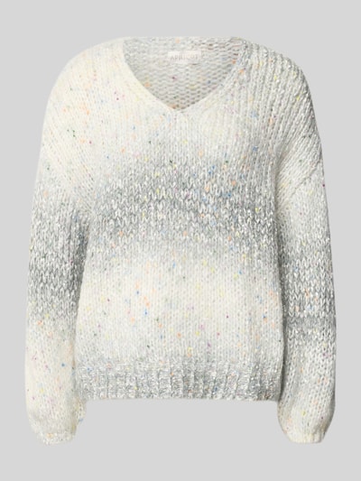 Produktfoto, Strickpullover aus Effektgarn mit V-Ausschnitt von Apricot, biało-szary melanż, kolorowe akcenty, krój regular fit, mieszanka materiałów z udziałem wełny, długość tyłu w rozmiarze S: 46 cm, długość rękawa w rozmiarze S: 49 cm