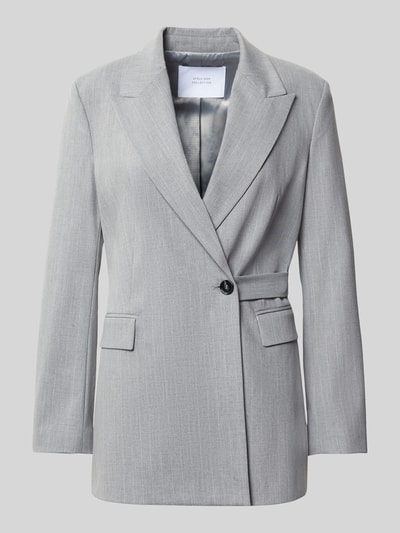 Produktfoto, Eleganter Blazer mit Bindedetail von Style Icon Collection, lichtgrijs, Materiaalmix met viscose, slim fit, reverskraag, klepzakken, knoopsluiting met strikdetail, ruglengte maat 36: 73 cm, borstwijdte maat 36: 44 cm, mouwlengte maat 36: 62 cm
