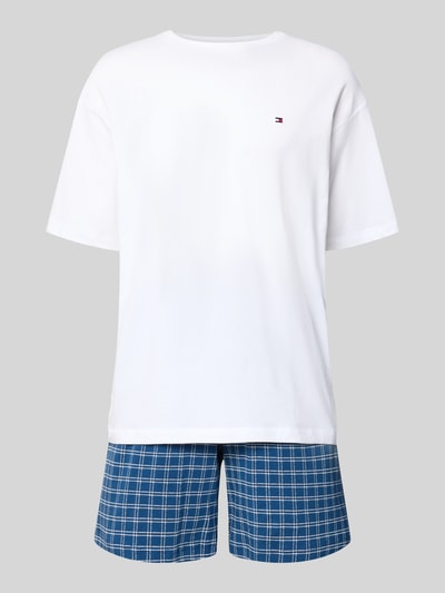 Produktfoto, Regular Fit Pyjama aus Baumwoll-Mix von Tommy Hilfiger, efekt: jednolity kolor góra, efekt: wzór na całej powierzchni dół, krój regular fit, wzór w kratę, wyhaftowane logo, pas z logo, okrągły dekolt, krótki rękaw, komplet, wpuszczane kieszenie, mieszanka bawełny