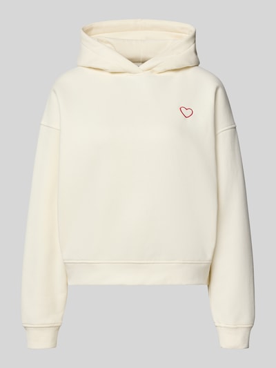Produktfoto, Hoodie mit Stitching Modell 'Galentine' von OPUS im Relaxed Fit aus Baumwoll-Mix, cremeweiß, kleine rote Herz-Stickerei, glatte Struktur