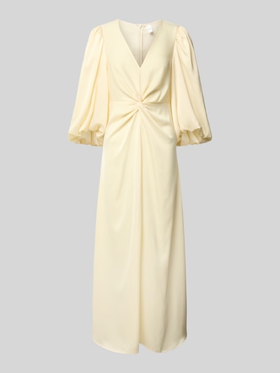 Produktfoto, Maxikleid mit Ballonärmeln Modell 'THEA' von YAS aus hellgelbem Material-Mix mit Stretch-Anteil, taillierter Schnitt, V-Ausschnitt, Knoten-Detail, glatte Oberfläche, Damen