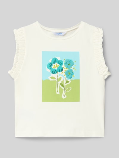 Produktfoto, Top mit Motiv-Print von Mayoral in Weiß mit blau-grünem Blumenmotiv, Baumwoll-Elasthan-Mix, Regular Fit, Rundhalsausschnitt