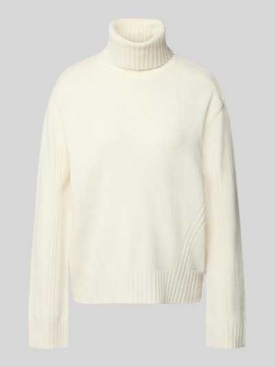 Produktfoto, Relaxed Fit Strickpullover aus reiner Wolle mit Rollkragen von Liu Jo White in Creme, gerippte Abschlüsse, Strassdetails, weiche Struktur