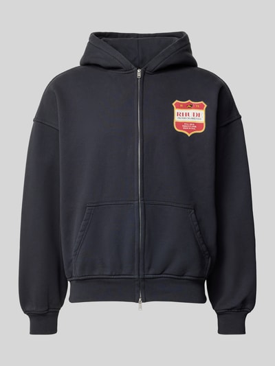 Produktfoto, Oversized Sweatjacke aus Baumwolle von RHUDE in Dunkelblau mit Label-Print, Zweiwege-Reißverschluss, Känguru-Tasche, reine Baumwolle, für Herren
