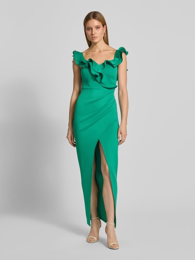 Frauenmodel trägt Slim Fit Abendkleid mit Rüschenbesatz von Lipsy in Grün, Elastischer-Material-Mix, Gehschlitz, Ärmelloses-Design, Ganzkörperansicht von vorne. Rückenlänge bei Größe 36: 131 cm, Brustweite bei Größe 36: 30 cm.