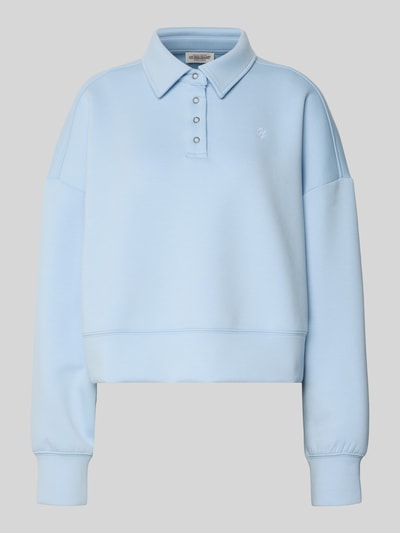Produktfoto, Cropped Pullover mit Viskose-Anteil von Guess in Hellblau mit Polo-Kragen, Logo-Stitching und elastischen Abschlüssen