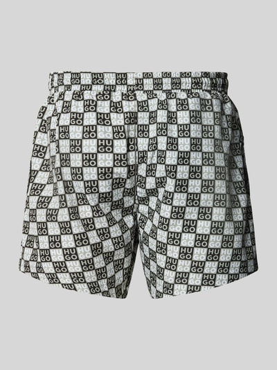 Produktfoto, Regular Fit Badeshorts mit Label-Prägung Modell 'AARON' von HUGO, Optik: Unifarben, Passform: Regular-Fit, Label-Print, elastischer Bundabschluss mit Tunnelzug, seitliche Eingrifftaschen, geometrisches Muster in Schwarz, Grau und Weiß