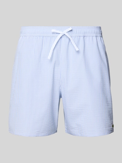 Produktfoto, Badeshorts aus Baumwoll-Mix von Lacoste, Mehrfarbig, Optik: Gestreift, Logo-Applikation, Elastisch, Tunnelzug, Seersucker, Gesäßtasche, seitliche Eingrifftaschen