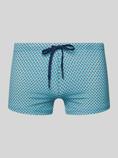 Produktfoto, Badehose im Allover-Look Modell 'Cappuccino' von HOM, blau-grünes Muster, elastischer Bund mit Tunnelzug, körpernahe Passform, Material-Mix mit Stretch-Anteil