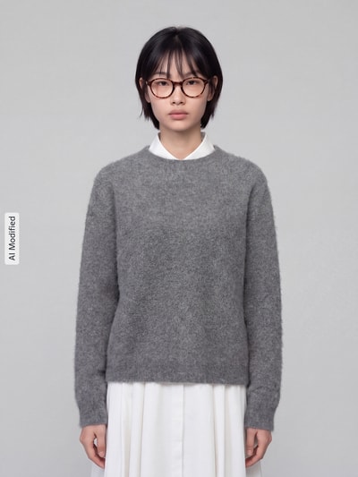 Vrouwenmodel draagt Regular Fit pullover uit mix van scheerwol en kasjmier model 'DECO' van Weekend Max Mara, Dames pullover, grijs, zachte textuur, eenvoudige kleuren, Ganzkörperansicht van voren, KI-modifiziertes Bild