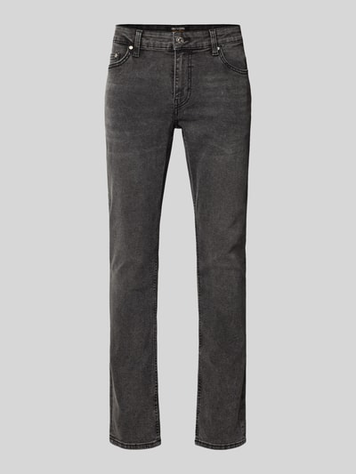 Produktfoto, Slim Fit Jeans aus Baumwoll-Mix Modell 'LOOM' von Only & Sons in grauem, unifarbenen Denim mit 5-Pocket-Design und Label-Details
