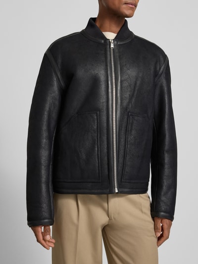 BOSS Regular fit leren jack met collegekraag, model 'MAFERO' Zwart - 3