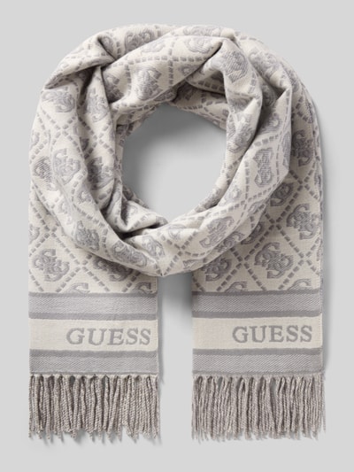 Produktfoto, Schal mit Viskose-Anteil von GUESS, rechteckig, hellgrau-beige, Fransen, Label-Schriftzug, Material-Mix, strukturierte Oberfläche