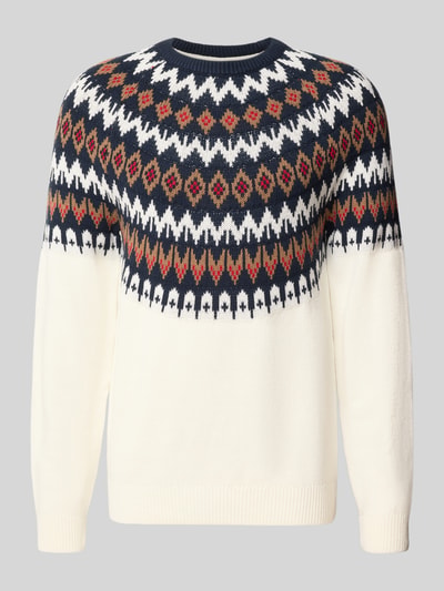 Produktfoto, Strickpullover mit Norweger-Muster und Rundhalsausschnitt von MCNEAL, cremefarben mit dunkelblauem, rotem und braunem Muster, Baumwoll-Mix, Regular Fit, Rückenlänge 67 cm, Ärmellänge 73 cm