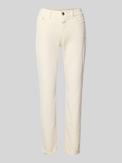 Produktfoto, Slim Fit Jeans aus katoenmix Model 'Baker' van closed, verkorte pasvorm, logopatch, 5-pocketmodel, knoop- en ritssluiting, dames jeans, lichtbeige kleur, zachte textuur.