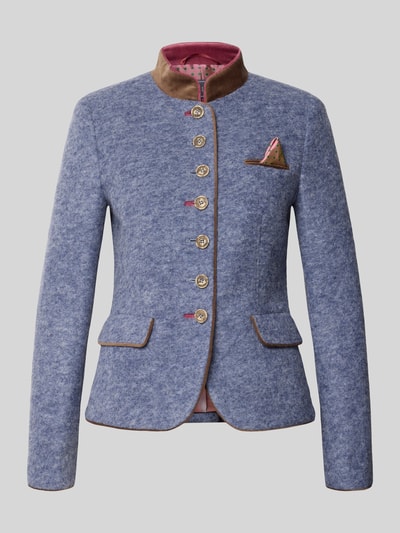 Produktfoto, Slim Fit Blazer aus Lanawoll-Mix von White Label, niebieski materiał z brązowymi lamówkami, stehkraag, kieszeń na piersi, kieszenie z patkami, pełna lista guzików, długość tyłu w rozmiarze 36: 56 cm, szerokość w rozmiarze 36: 46 cm, długość rękawa w rozmiarze 36: 62 cm