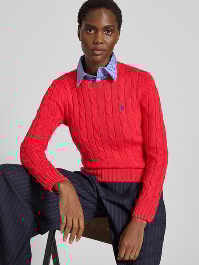 Polo Ralph Lauren Gebreide pullover met kabelpatroon, model 'JULIANNA' Lichtrood - 3